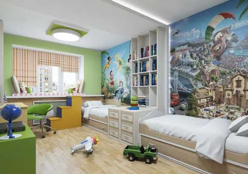оформление стен в детской комнате для двоих детей фотообоями 7
