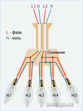 Схема люстры с четырьмя проводами на выходе