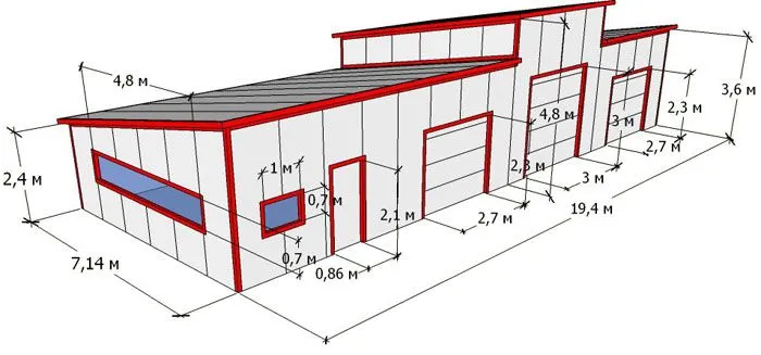 С помощью такого чертежа нетрудно определить, сколько понадобится стеновых и кровельных сэндвич-панелей для строительства гаража