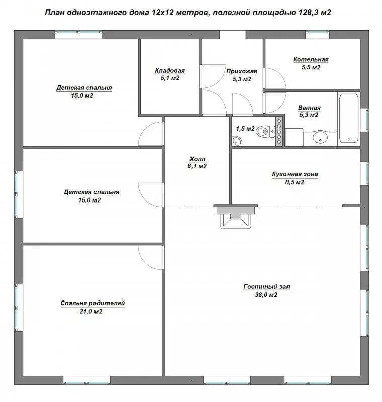 План одноэтажного дома с 4 спальнями и котельной