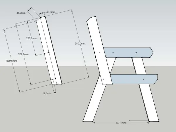 Скамейка со спинкой: чертеж с размерами