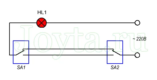 Схема подключения двойного электронного проходного выключателя №1