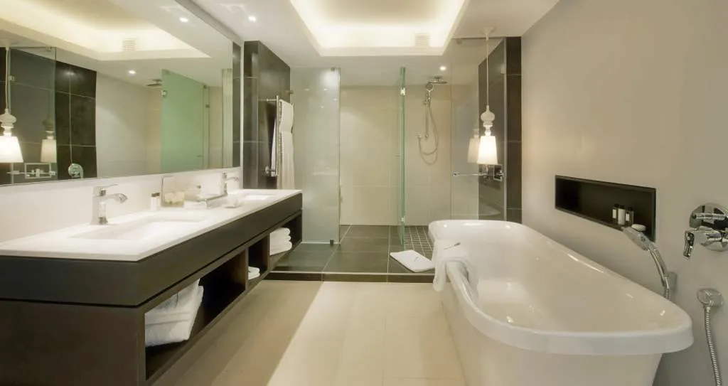 Дизайн ванной комнаты с душевой кабиной и ванной