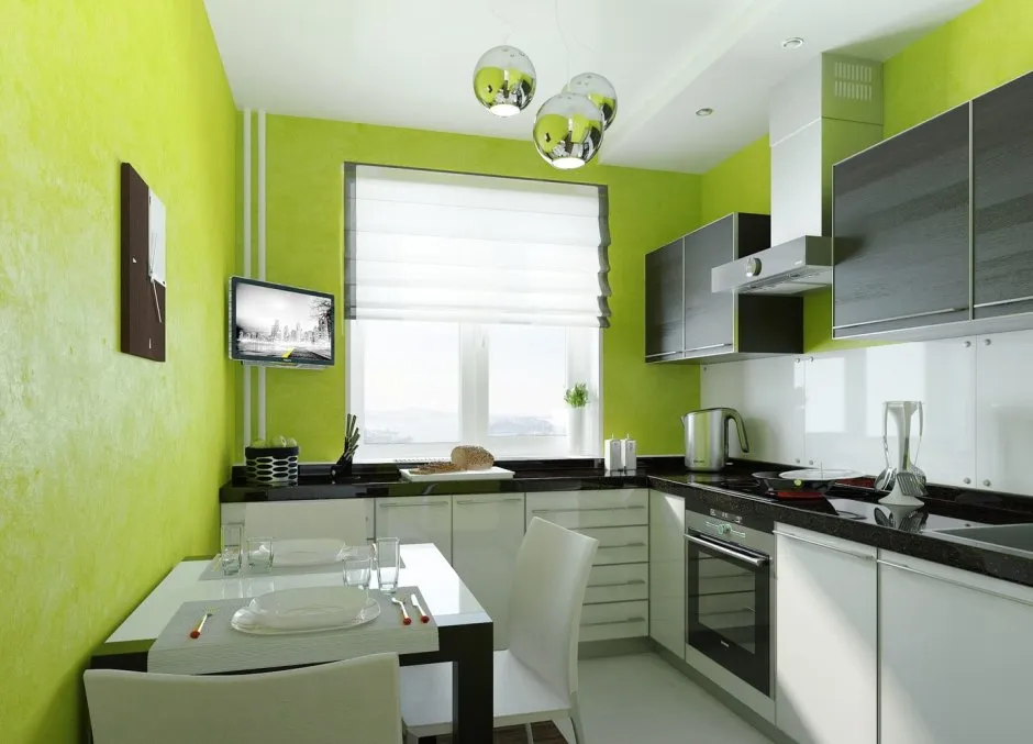 Сочетание серого и зеленого в интерьере кухни