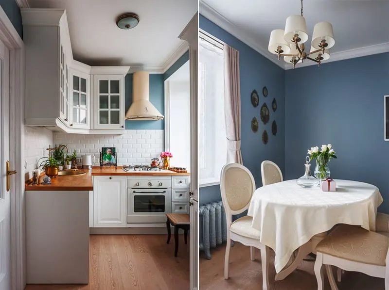 Белая кухня с синими стенами