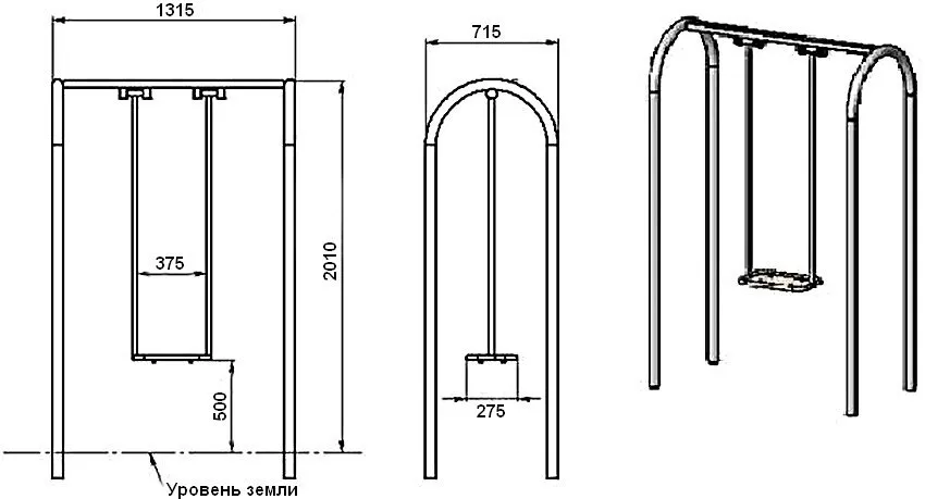 Схема устройства и монтажные размеры каркаса качелей из металла