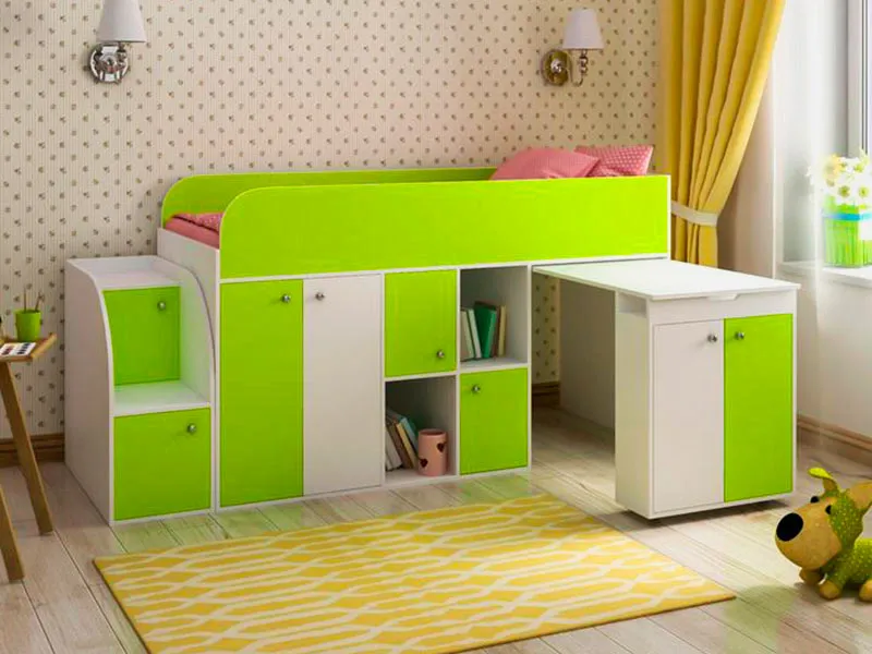 Детская кровать-чердак для мальчиков со шкафом и выдвижным столом