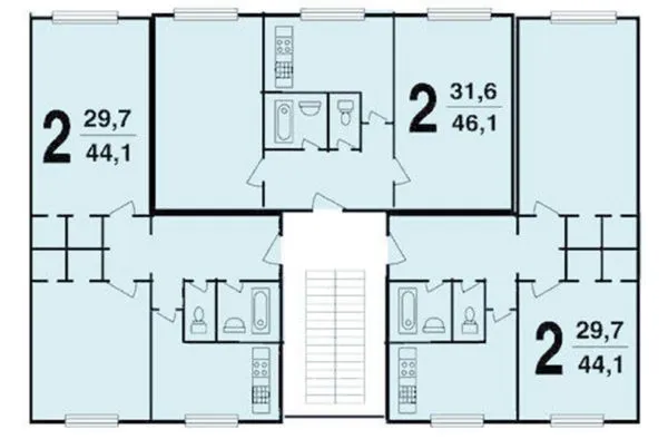В основном дома этой серии строились с 1-, 2- и 3-комнатными квартирами, по три квартиры на этаже