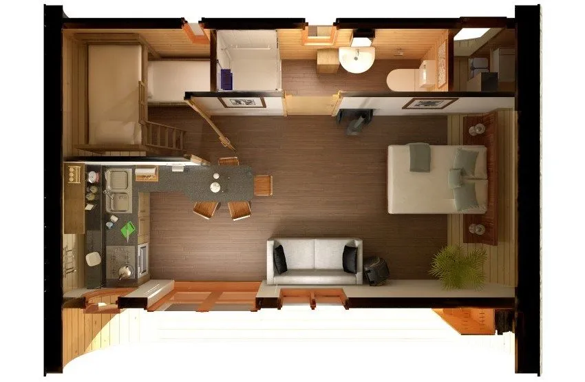 Трехмерный проект планировки дачной бытовки с двумя комнатами, кухней и санузлом