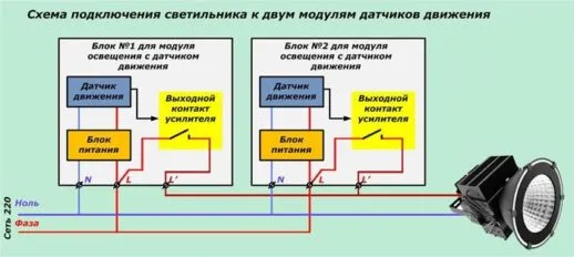 Схема подключения к двум модулям датчиков движения