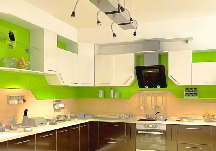 Современный кухонный гарнитур, кухня зеленые и белые дверки