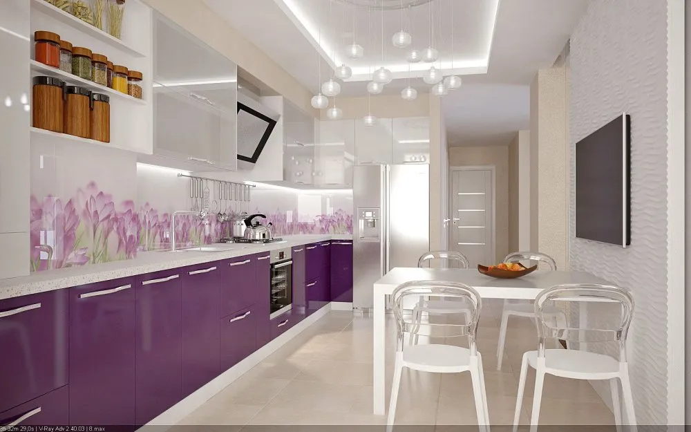 Белая кухня с фиолетовым фартуком