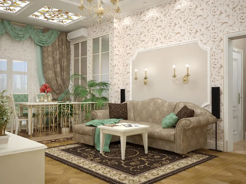 Сочетание однотонных и цветочных обоев в классическом интерьере гостиной-столовой