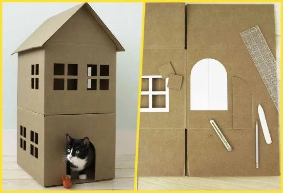 Домик для кошки из картонной коробки. Мастер класс: инструкция, как сделать своими руками, чертежи с размерами, фото