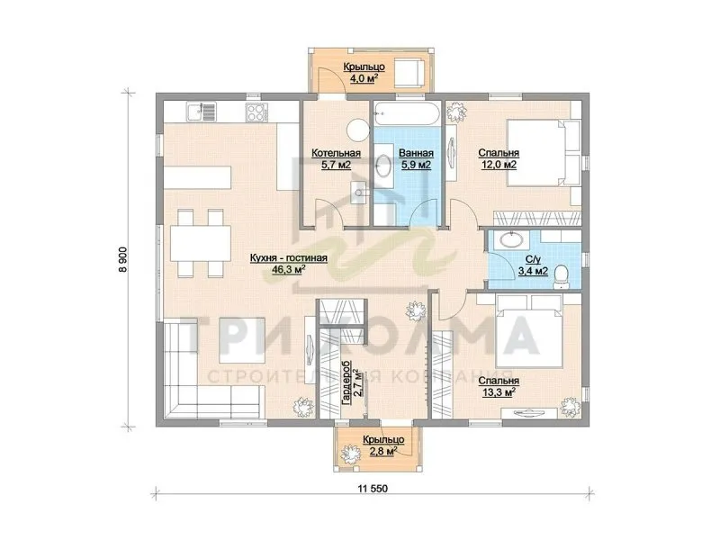 Планировки одноэтажных домов 100 кв.м с 2 спальнями